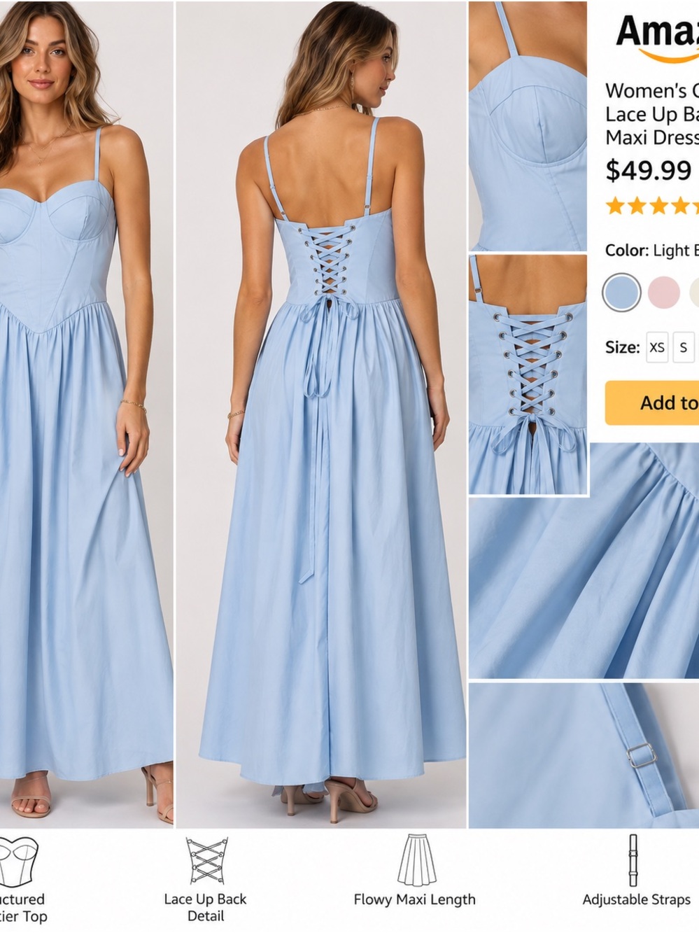 Light Blue Lace-Up Back Maxi Dress with Adjustable Straps